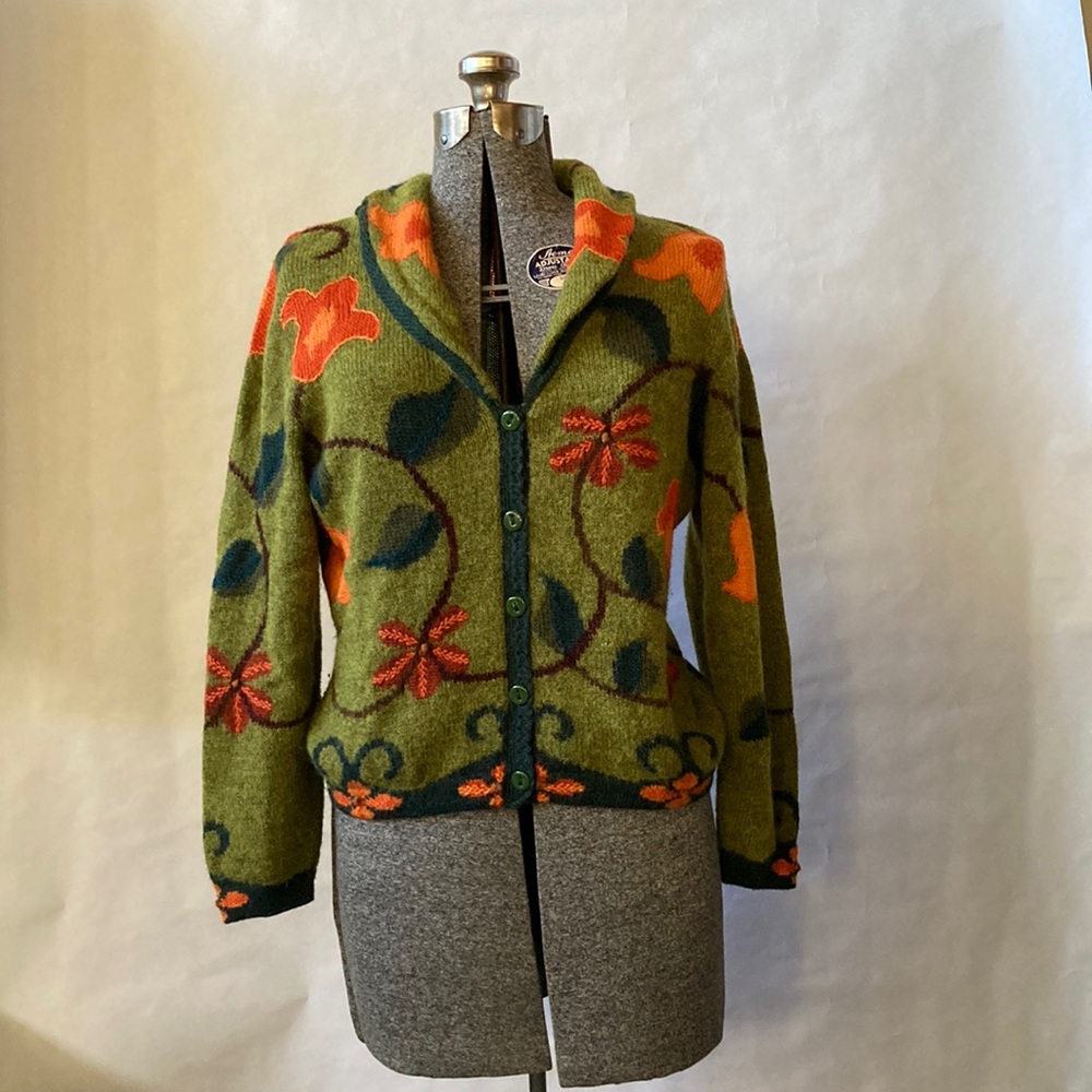 Olive Green Floral Button-Front Cardigan Sweater